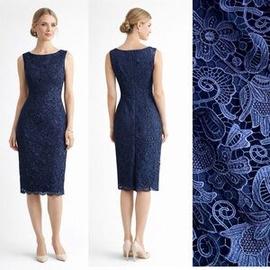 Lauren Ralph Lauren Navy Blue Lace Floral Embroidery Sheath Dress Victorian 4